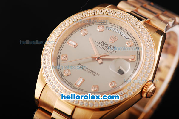 Rolex Day Date II Automatic Movement Full Rose Gold with Double Row Diamond Bezel-Diamond Markers and Grey Dial - Click Image to Close